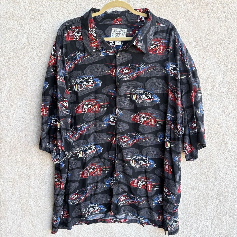 Big Dogs Vintage Rayon Button-Up SS Shirt Size 4X Racing Cars Black Red Blue